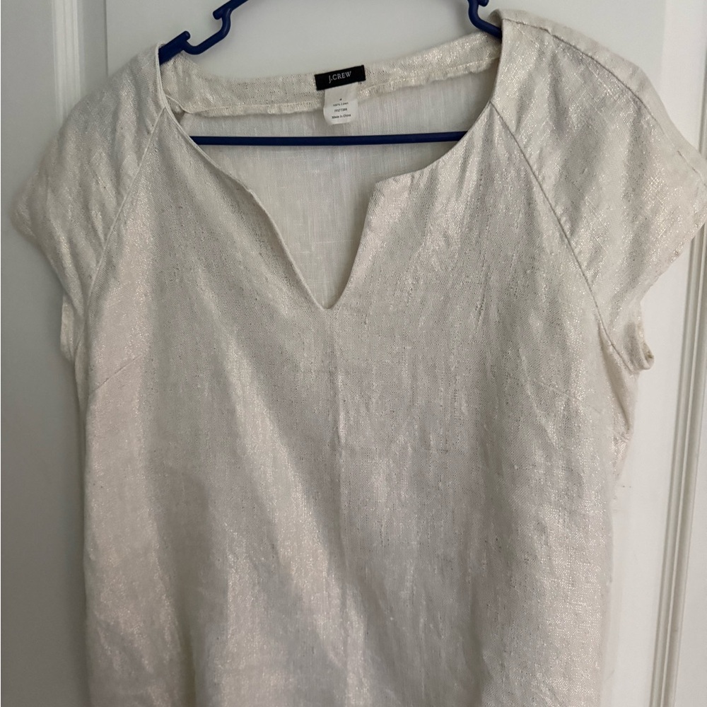J. Crew Shimmery Cream Split V-Neck Cap Sleeve Top